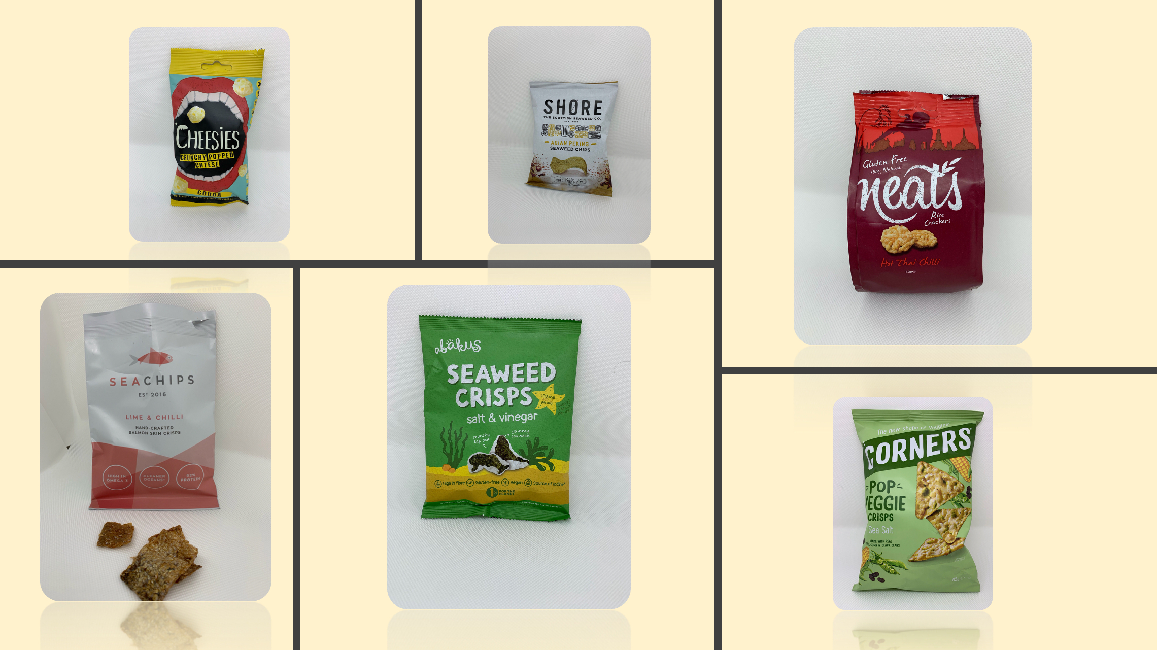 Five savoury snack products made with alternative bases like seaweek, fish skin, cheese, pulses